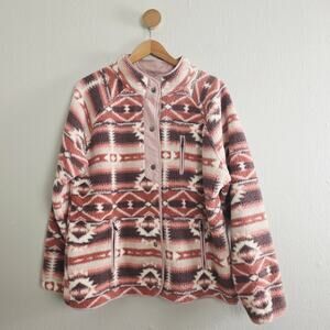 Olive & Leaf Aztec Fuzzy Teddy Jacket Pink Cream Sherpa Fleece Button Front L